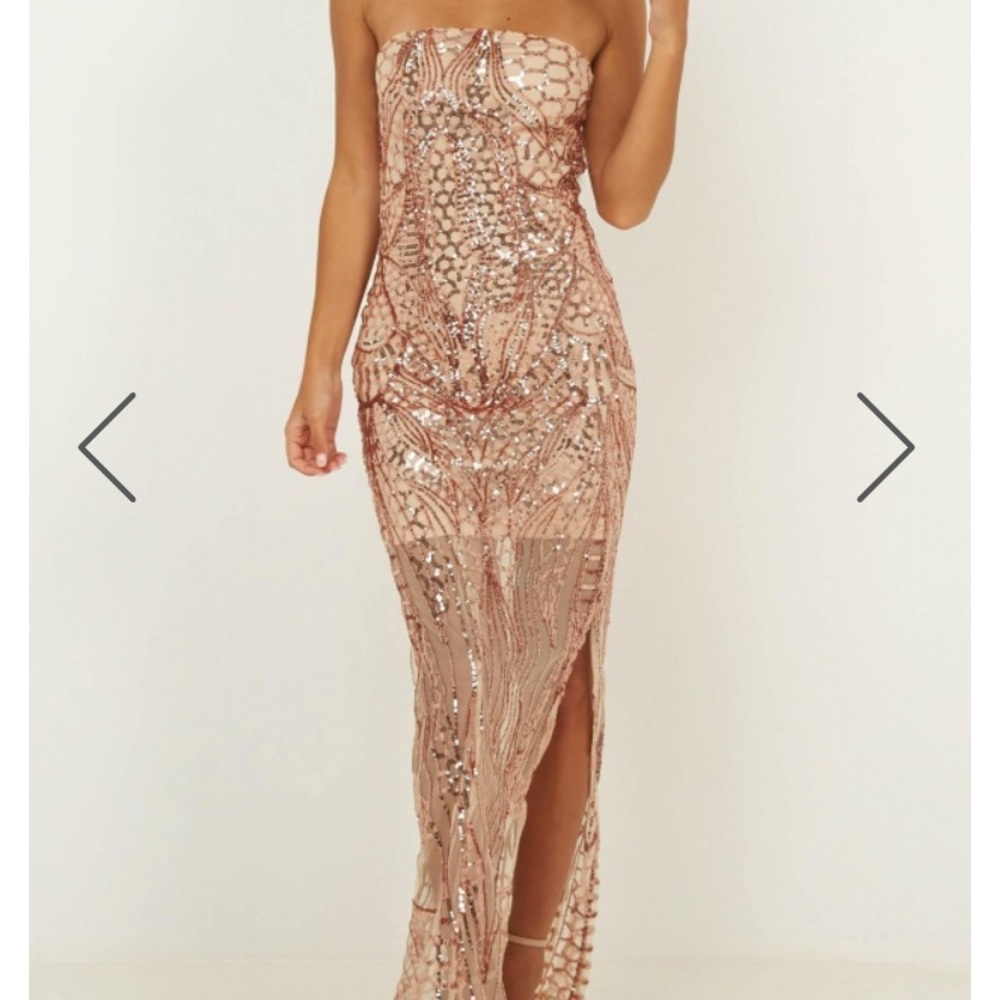 Rose Gold Sequin Strapless Maxi Dress w/ slit
